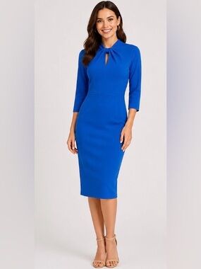 Donna Morgan Blue Midi Dress Size 4 NWT Keyhole Neck Sheath Elegant